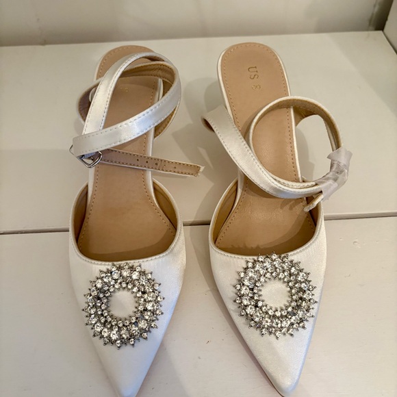 White Embellished Ankle Strap Satin Heels - Picture 5 of 7
